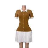 Women Contrast Color Turndown Collar Knitting Short-Sleeved Pleated Dress