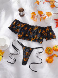 Lingerie Pumpkin Print Off-Shoulder Top Lace-Up Thong Halloween Cosplay Set