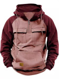 Spring Autumn Men's Raglan Sleeve Half Zip Hoodie Sport Multi-Pocket Hooded Trendy Hoodie