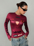 Autumn Fitted Crop Print Stretch Round Neck Long Sleeve Top