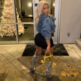 Autumn Winter Women's Fashion Street Wash Long Sleeve Drawstring Denim Jacket