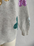 Women autumn/winter multi-color flower sequin embroidery round-neck long-sleeved sweater