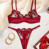 Lingerie Mesh Red Velvet Rose Embroidered Underwire Push-Up Bra Panties Set Women