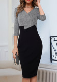 Women's V-Neck Color Block Patchwork 3/4 Sleeve Chic Bodycon Dress