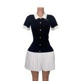 Women Contrast Color Turndown Collar Knitting Short-Sleeved Pleated Dress