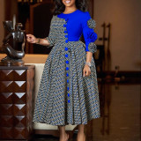 Women Elegant Round Neck 3/4 Sleeve Print Patchwork African Dress