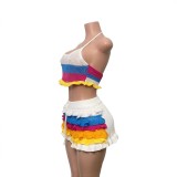 Women Multi-Color Striped Knitting Halter Neck Top and Ruffle Shorts Two-Piece Set