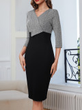 Women's V-Neck Color Block Patchwork 3/4 Sleeve Chic Bodycon Dress