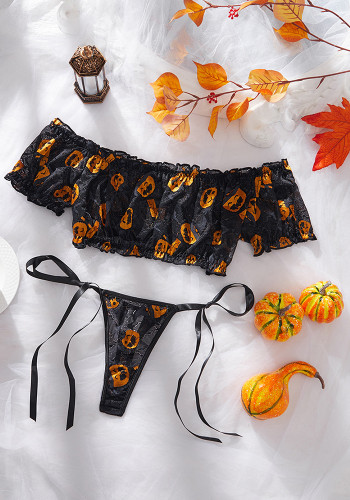 Lingerie Pumpkin Print Off-Shoulder Top Lace-Up Thong Halloween Cosplay Set