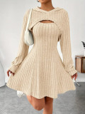 Long Sleeve Hoodie Top and Strap Square Neck A-Line Dress Set