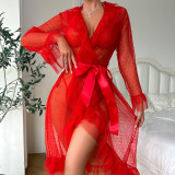 Women Polka Dot Mesh See-Through Ruffled V-Neck Tie-Drape Long-Sleeved Loungewear Set