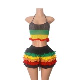 Women Multi-Color Striped Knitting Halter Neck Top and Ruffle Shorts Two-Piece Set