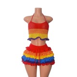 Women Multi-Color Striped Knitting Halter Neck Top and Ruffle Shorts Two-Piece Set
