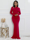 Women Solid Long-Sleeve Slash Shoulder Fishtail Bodycon Dress