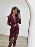 Women Pleated Puff Sleeve Long-Sleeved Sexy V-Neck Bodycon Dress