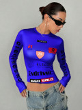 Autumn Fitted Crop Print Stretch Round Neck Long Sleeve Top