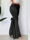 Bow Tie Stretch Mid-Waist Denim Bell Bottom Pants