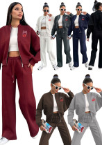 Autumn Winter Women's Print Fleece Zipper Hoodie Fashion Casual Straight Leg Pants Set