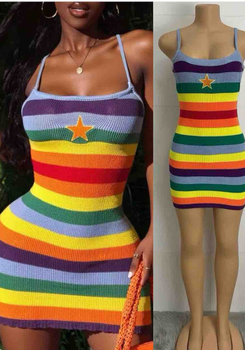Summer Cute Girl's Strappy Sleeveless Rainbow Stripes Vest Dress