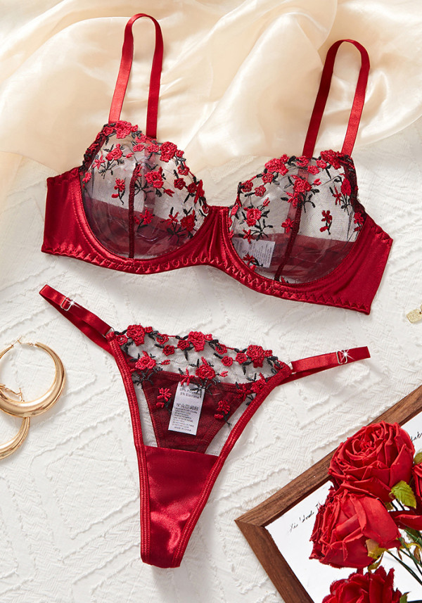 Lingerie Mesh Red Velvet Rose Embroidered Underwire Push-Up Bra Panties Set Women