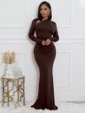 Women Solid Long-Sleeve Slash Shoulder Fishtail Bodycon Dress