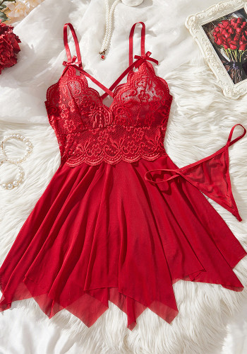 Sexy Lingerie Lace Trim Temptation Strappy Dress Two-Piece Pajamas Set