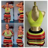 Summer Knitting Ribbed Solid Color U-Neck Sexy Sleeveless Camisole Stripes Short Skirt Set
