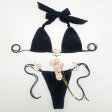 Swimsuit Spiral Gold Ring Solid Color Tie Halter Neck Bikini