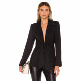 Tie Slim Waist Blazer Autumn Winter Chic Career Turndown Collar Long Coat