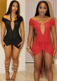 Women's Autumn Solid Color Sexy Off-Shoulder Short Sleeve Low Back Lace-Up Pleated Short Dress