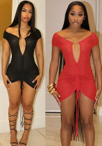 Women's Autumn Solid Color Sexy Off-Shoulder Short Sleeve Low Back Lace-Up Pleated Short Dress