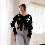 Women Cross Ripped Tassel Dark Long-Sleeved Pullover Knitting Sweater