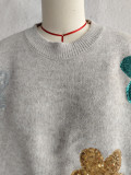 Women autumn/winter multi-color flower sequin embroidery round-neck long-sleeved sweater