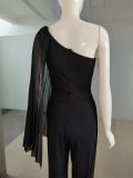 Women Sexy Black Stretchy Color-Block One-Shoulder Jumpsuit