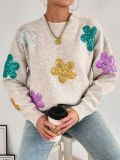 Women autumn/winter multi-color flower sequin embroidery round-neck long-sleeved sweater