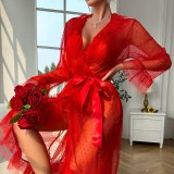 Women Polka Dot Mesh See-Through Ruffled V-Neck Tie-Drape Long-Sleeved Loungewear Set