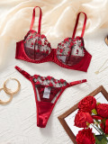 Lingerie Mesh Red Velvet Rose Embroidered Underwire Push-Up Bra Panties Set Women