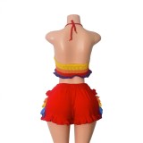 Women Multi-Color Striped Knitting Halter Neck Top and Ruffle Shorts Two-Piece Set