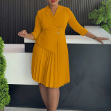 Plus Size Women Winter Turndown Collar Pleated Shirt Dress