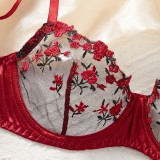 Lingerie Mesh Red Velvet Rose Embroidered Underwire Push-Up Bra Panties Set Women
