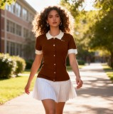 Women Contrast Color Turndown Collar Knitting Short-Sleeved Pleated Dress