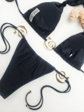 Swimsuit Spiral Gold Ring Solid Color Tie Halter Neck Bikini
