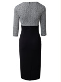 Women's V-Neck Color Block Patchwork 3/4 Sleeve Chic Bodycon Dress