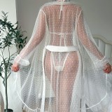 Women Polka Dot Mesh See-Through Ruffled V-Neck Tie-Drape Long-Sleeved Loungewear Set