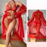 Women Polka Dot Mesh See-Through Ruffled V-Neck Tie-Drape Long-Sleeved Loungewear Set