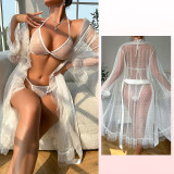 Women Polka Dot Mesh See-Through Ruffled V-Neck Tie-Drape Long-Sleeved Loungewear Set