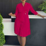 Plus Size Women Winter Turndown Collar Pleated Shirt Dress