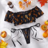 Lingerie Pumpkin Print Off-Shoulder Top Lace-Up Thong Halloween Cosplay Set