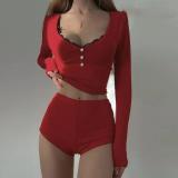 Women long-sleeved button-down round-neck top and shorts (sexy two-piece set)