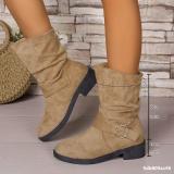 Plus-Size Women Autumn/Winter Suede Pleated Block-Heeled Ankle Boots